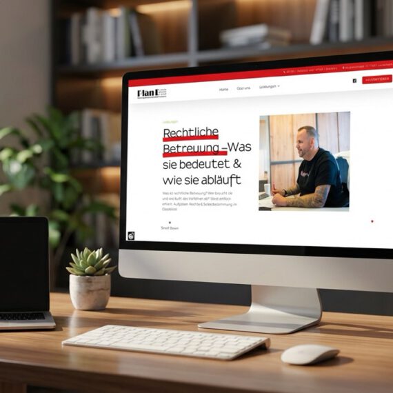 Schreibtisch in einem Büro mit einem großen Bildschirm