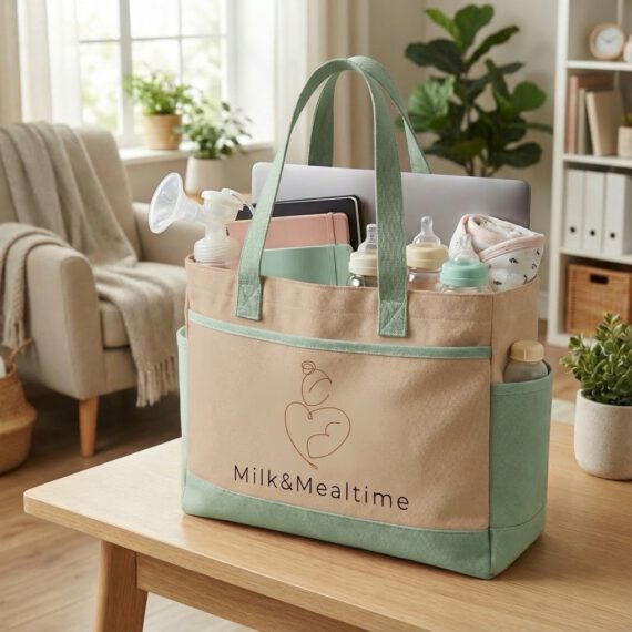 Wickeltasche in grün und beige auf Tisch